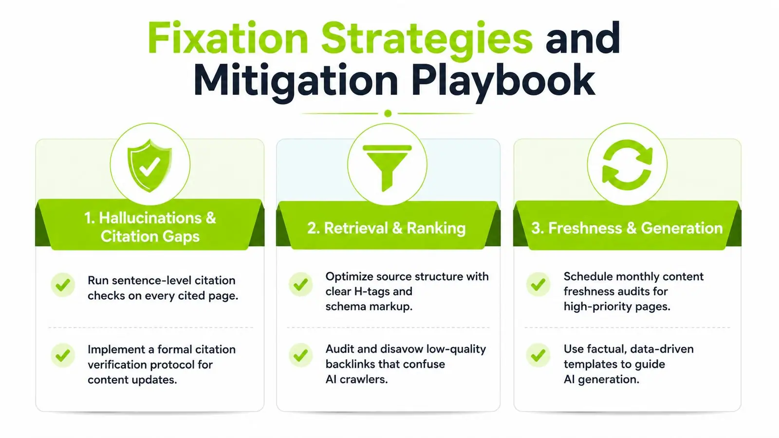 A strategic infographic titled Fixation Strategies and Mitigation Playbook, outlining actionable steps for AI search optimization.