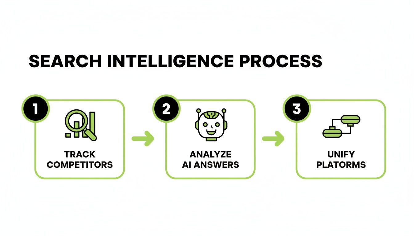 A diagram illustrating the search intelligence process with three steps: track competitors, analyze AI answers, and unify platforms.