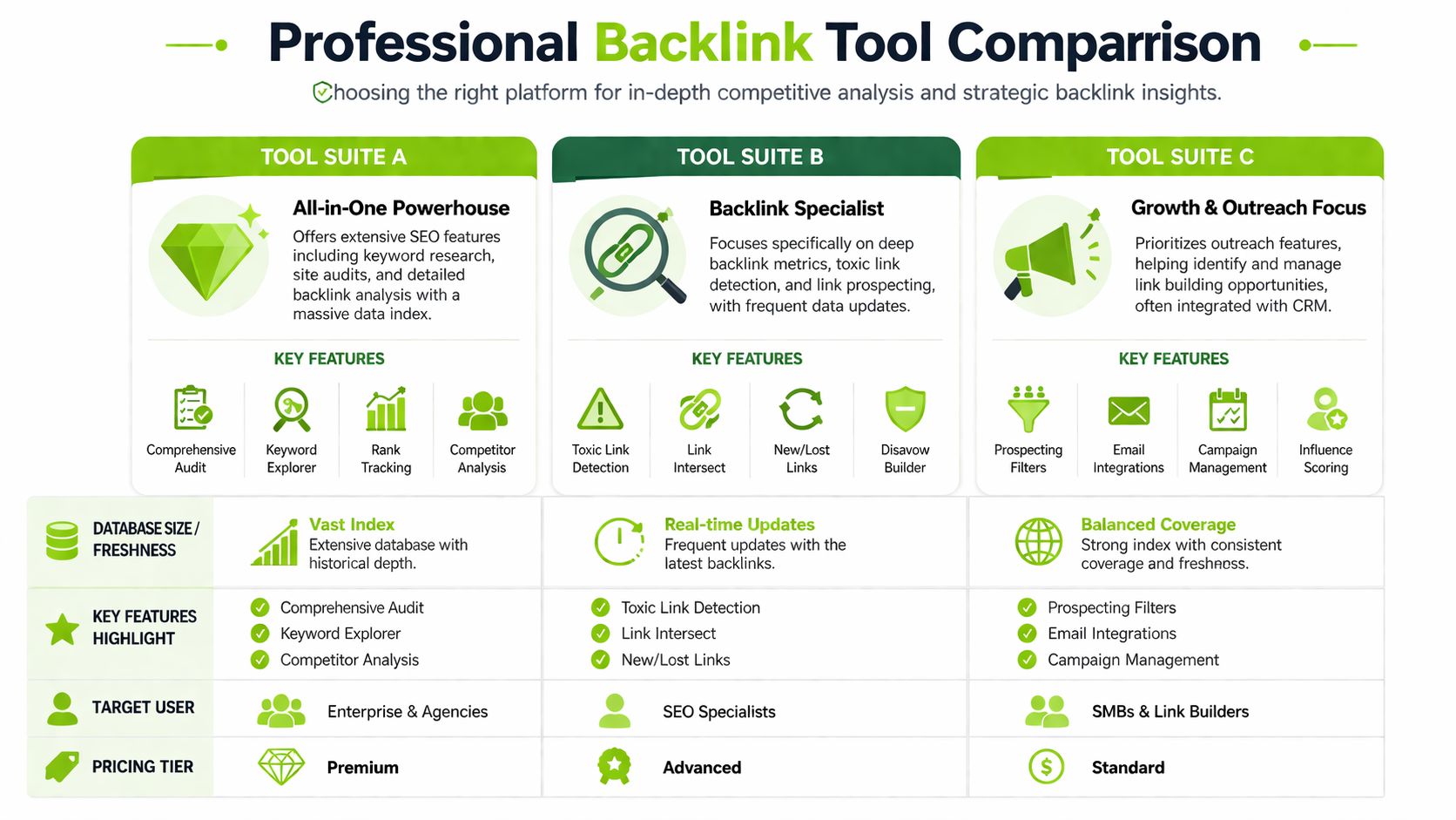A professional comparison chart detailing the key features, target users, and pricing tiers of three different backlink tool suites.