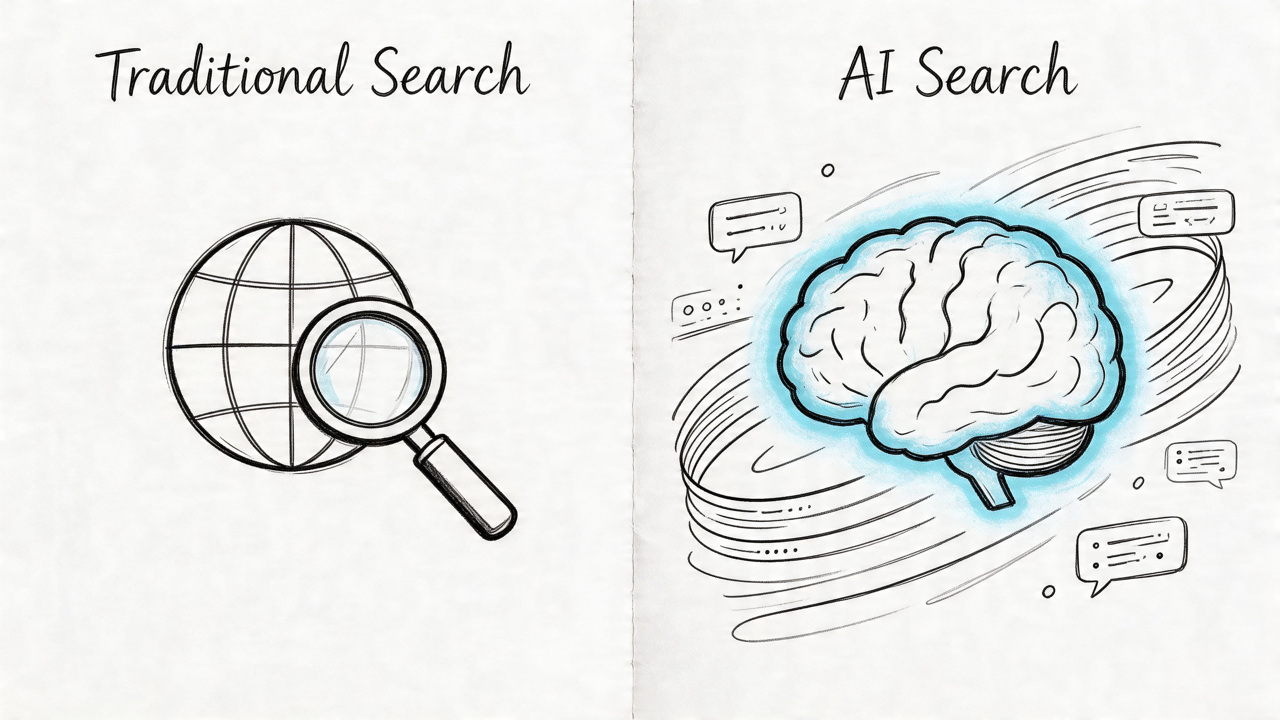 A hand-drawn illustration contrasting a magnifying glass over a globe with a digital brain representing AI search.