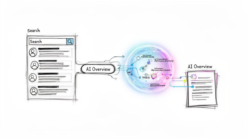 Diagram shows search results processed by an AI system to generate a concise overview document.