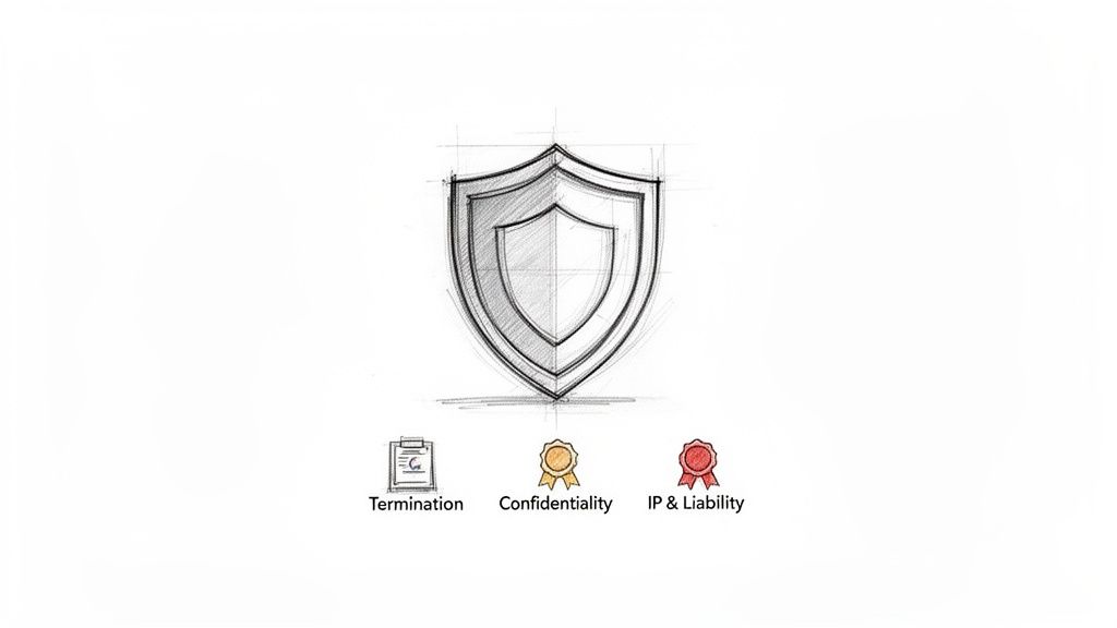 A sketch of a shield above icons representing contract terms: termination, confidentiality, and IP liability.