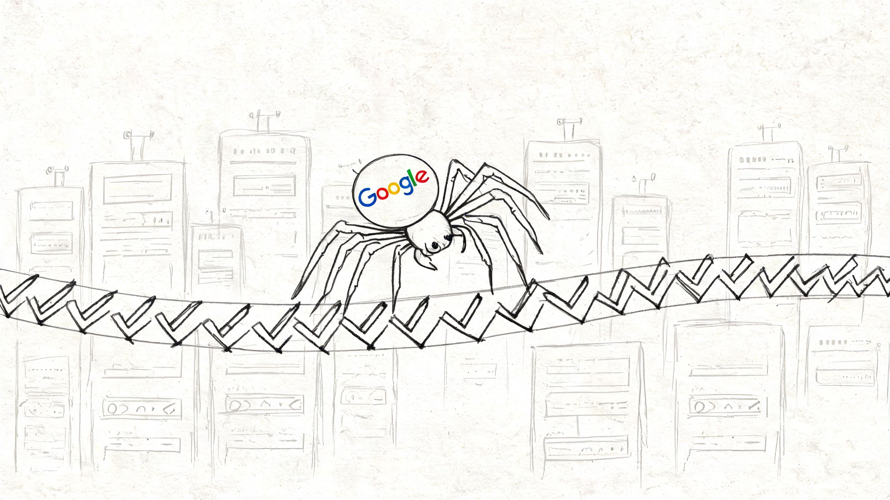 A pencil sketch of a spider with a Google logo on its back crawling across a web.