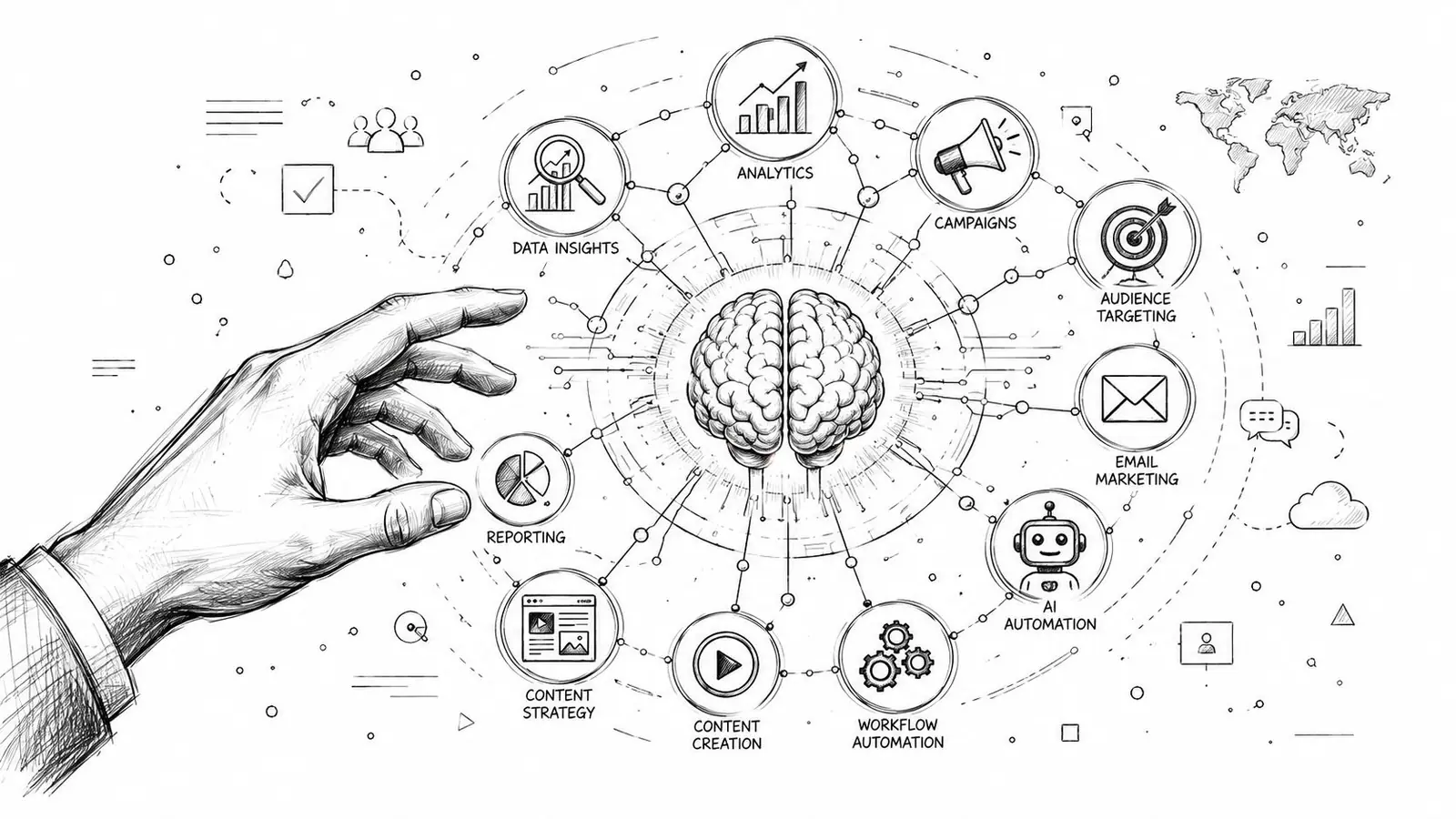 A hand reaching towards a central brain illustration surrounded by digital marketing icons and network connections.