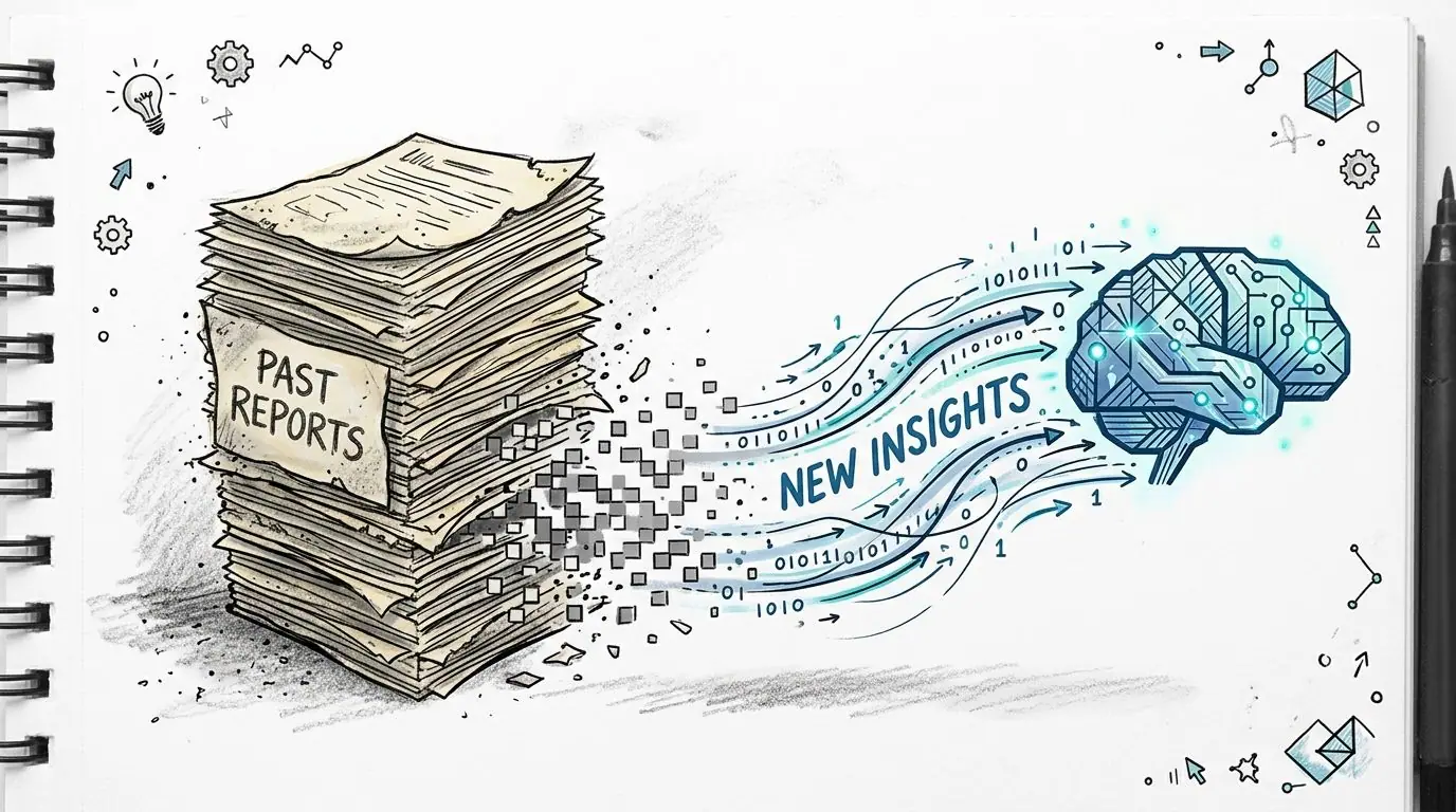 An illustration showing a stack of paper reports transforming into digital data feeding into an artificial intelligence brain.