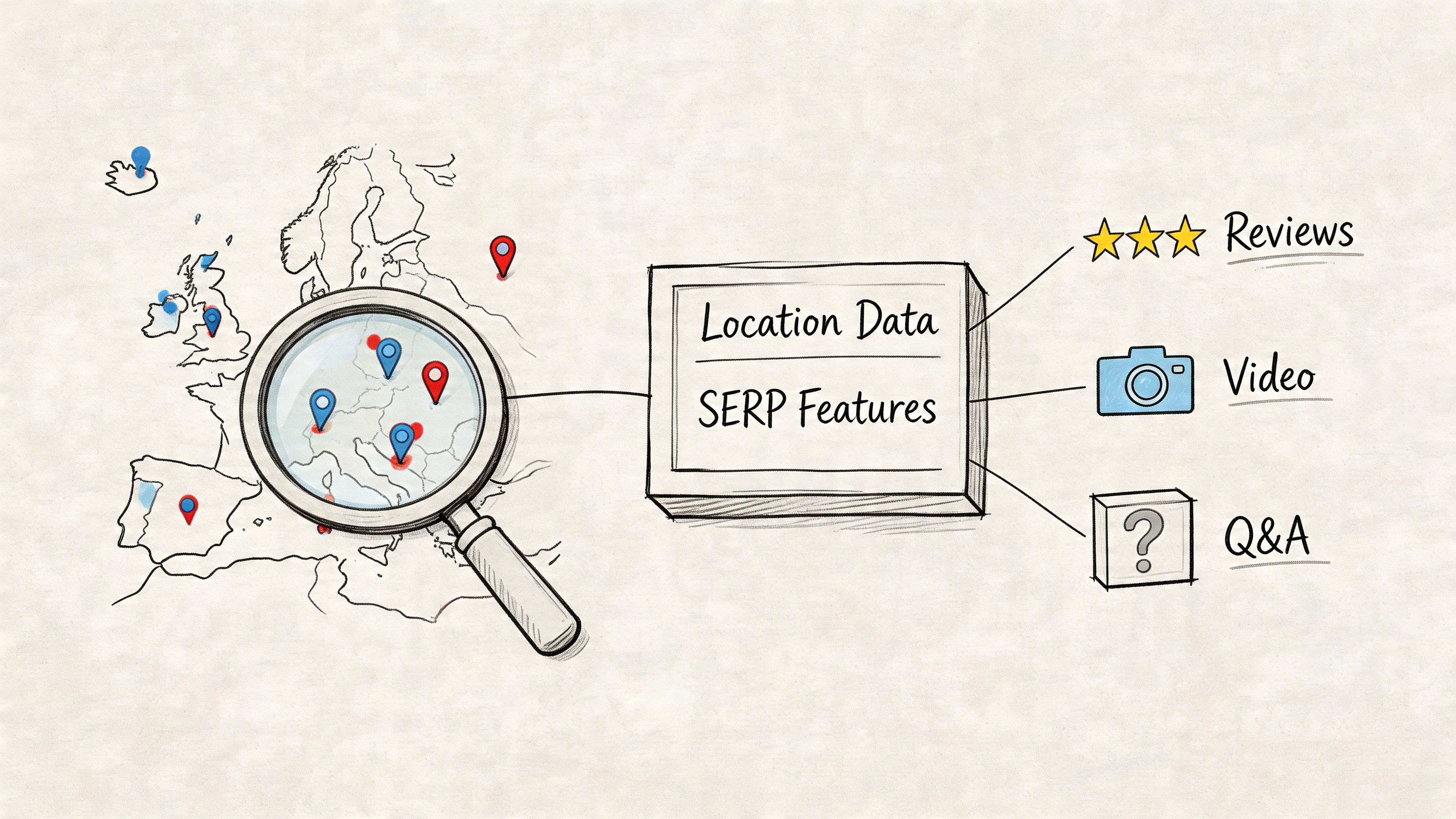 A hand-drawn illustration showing a map with location pins connected to SERP features like reviews, video, and Q&A.