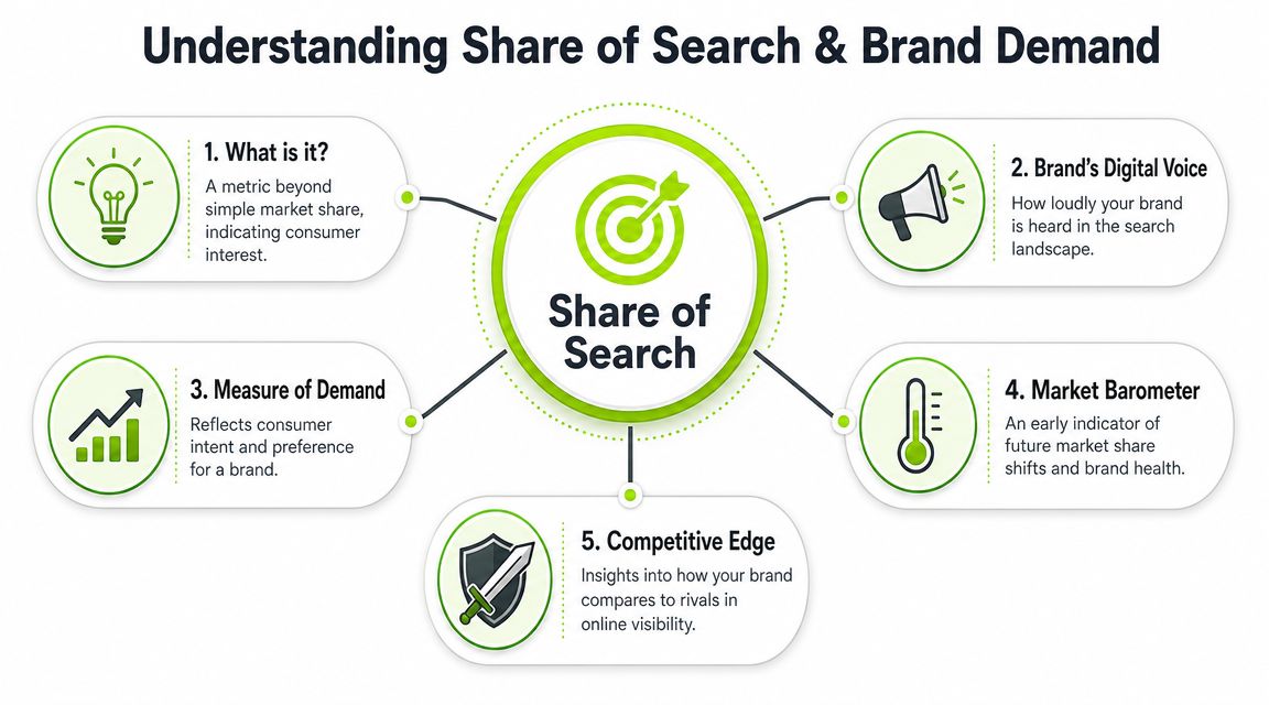 A diagram illustrating the concept of Share of Search with five key business benefits and indicators.