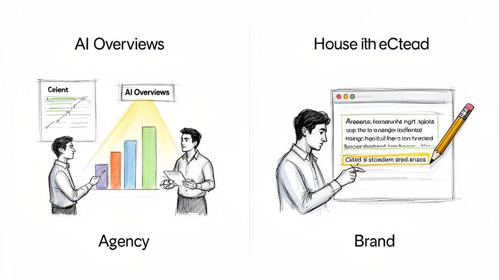 Two illustrations contrasting AI overviews for agency data analysis with a brand's content editing.