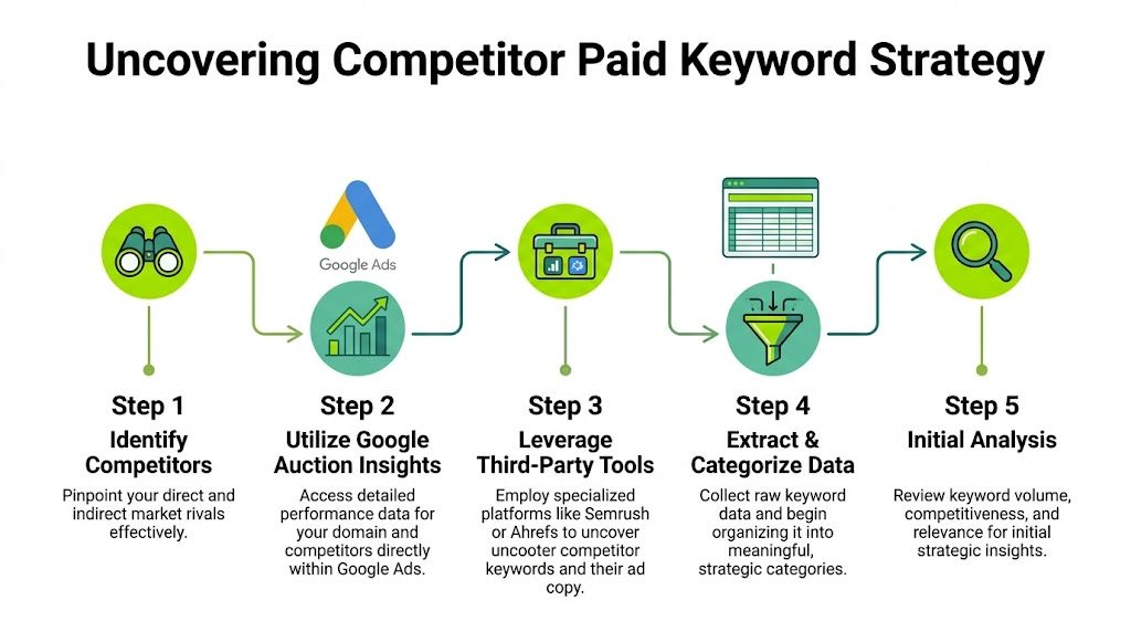 A five-step infographic showing how to uncover and analyze competitor paid keyword strategies for digital marketing.