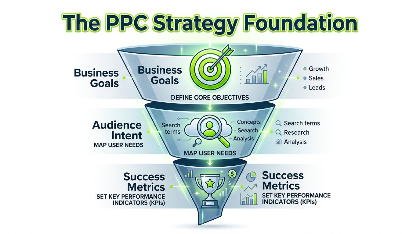 A funnel diagram illustrating the PPC strategy foundation including business goals, audience intent, and success metrics.