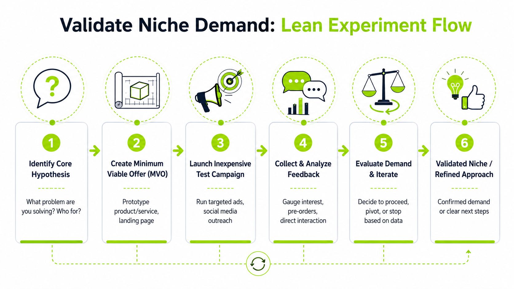 A six-step infographic illustrating the lean experiment flow for validating niche market demand in business.