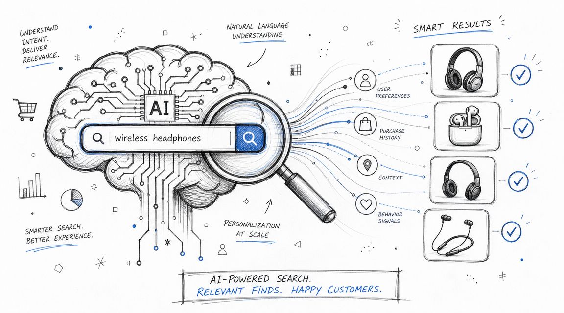 A hand-drawn illustration showing an AI brain processing a search for wireless headphones to deliver personalized results.