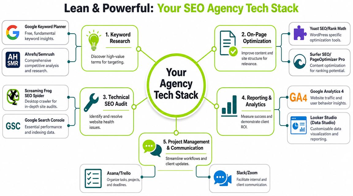 A diagram illustrating a comprehensive and lean technology stack for managing a professional SEO agency.