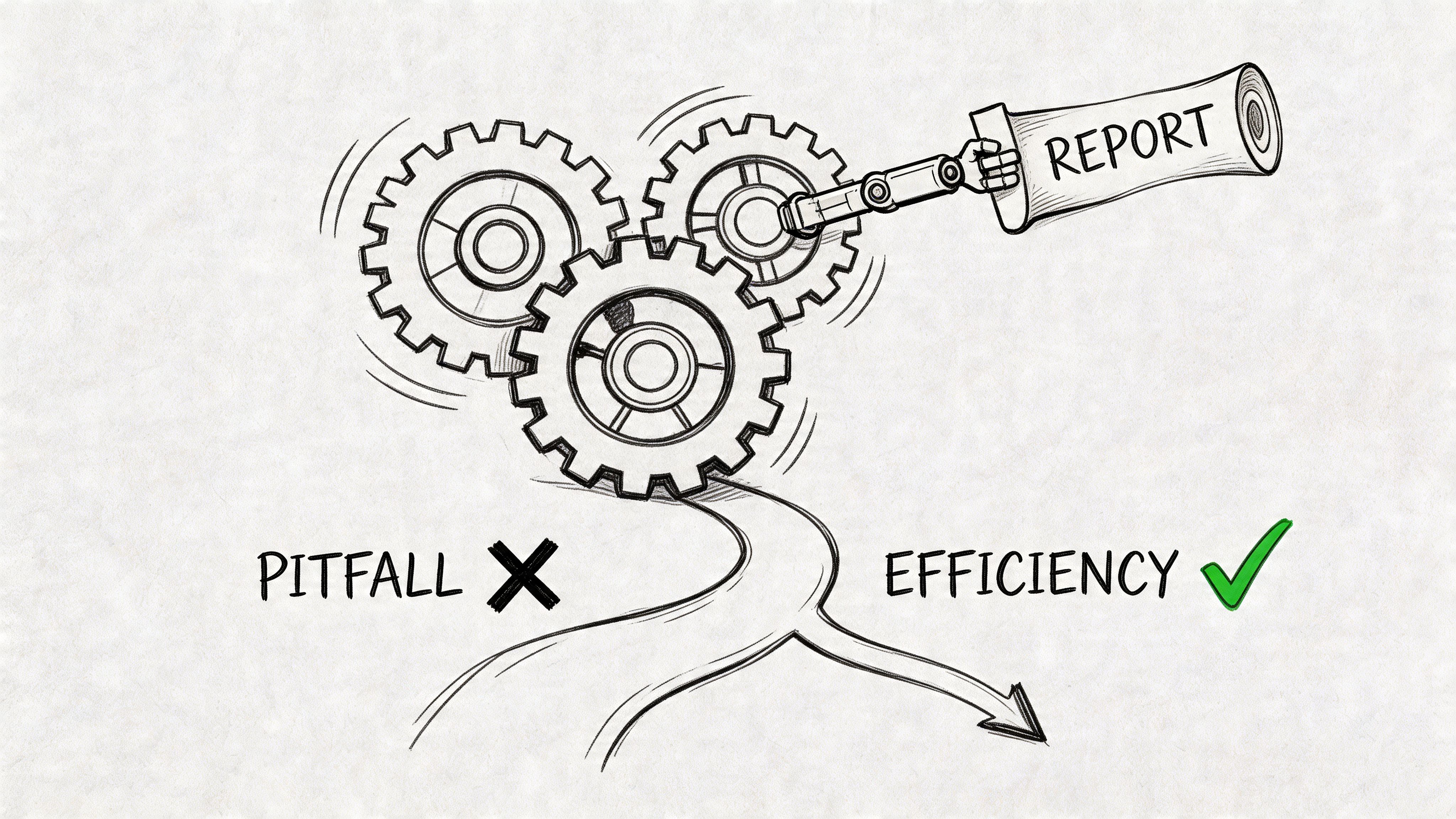 A pencil sketch of gears and a robotic arm producing a report representing automated efficiency.