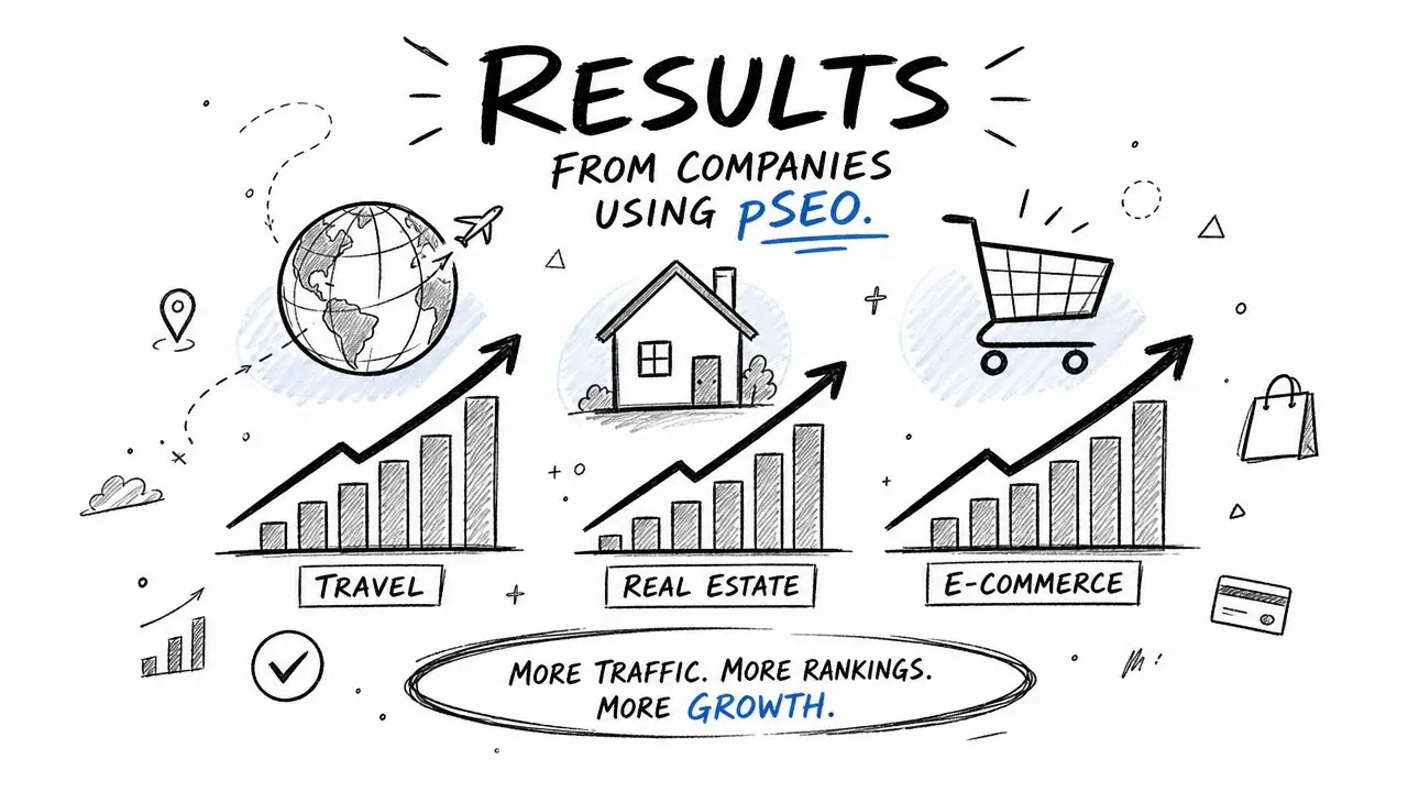 A hand-drawn illustration showing growth graphs for travel, real estate, and e-commerce companies using programmatic SEO.