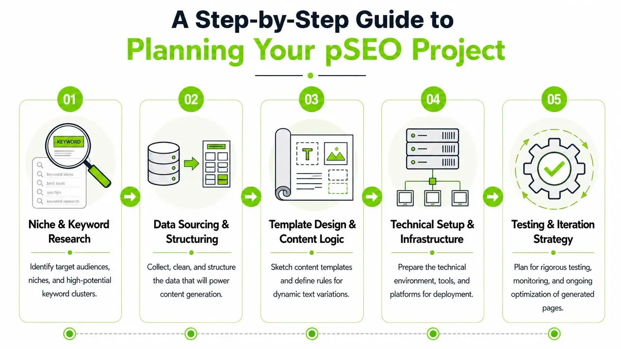 A flowchart showing a five-step guide for planning a programmatic SEO project strategy.