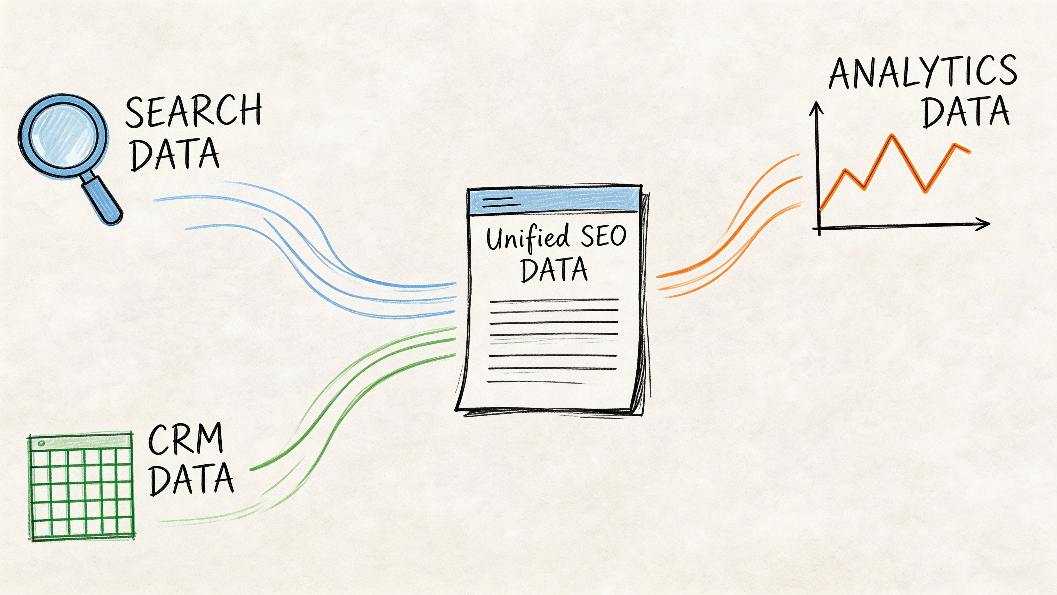 A hand-drawn diagram illustrating the unification of search and CRM data into consolidated SEO analytics reporting.