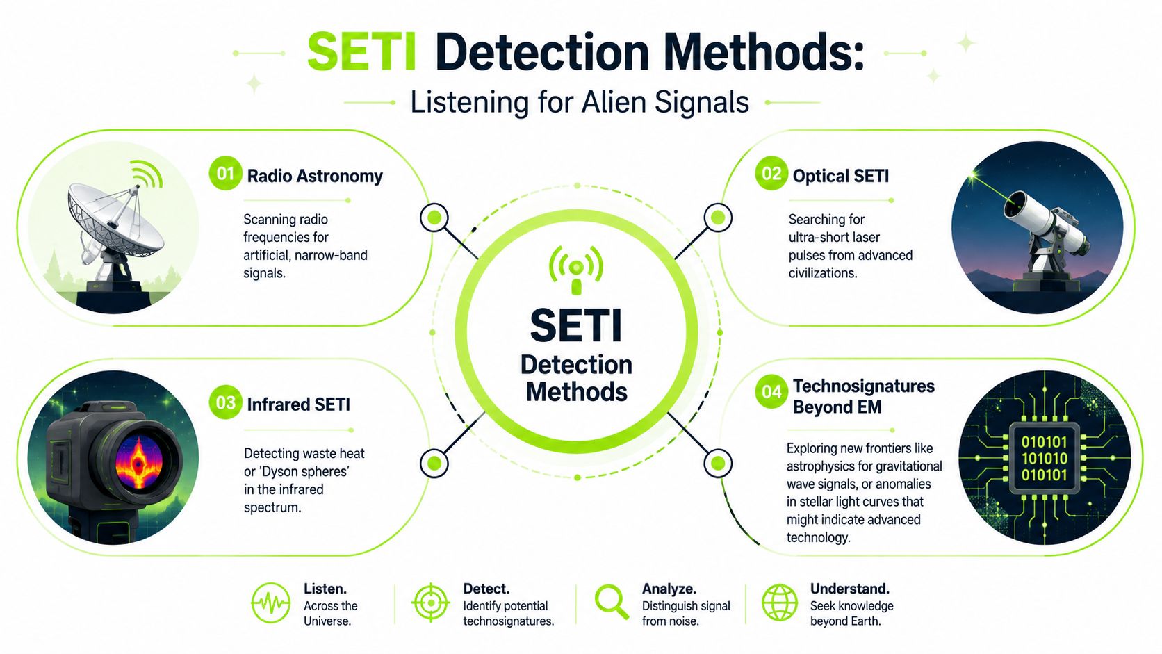 An infographic illustrating four major methods for the search for extraterrestrial intelligence including radio, optical, infrared, and technosignatures.