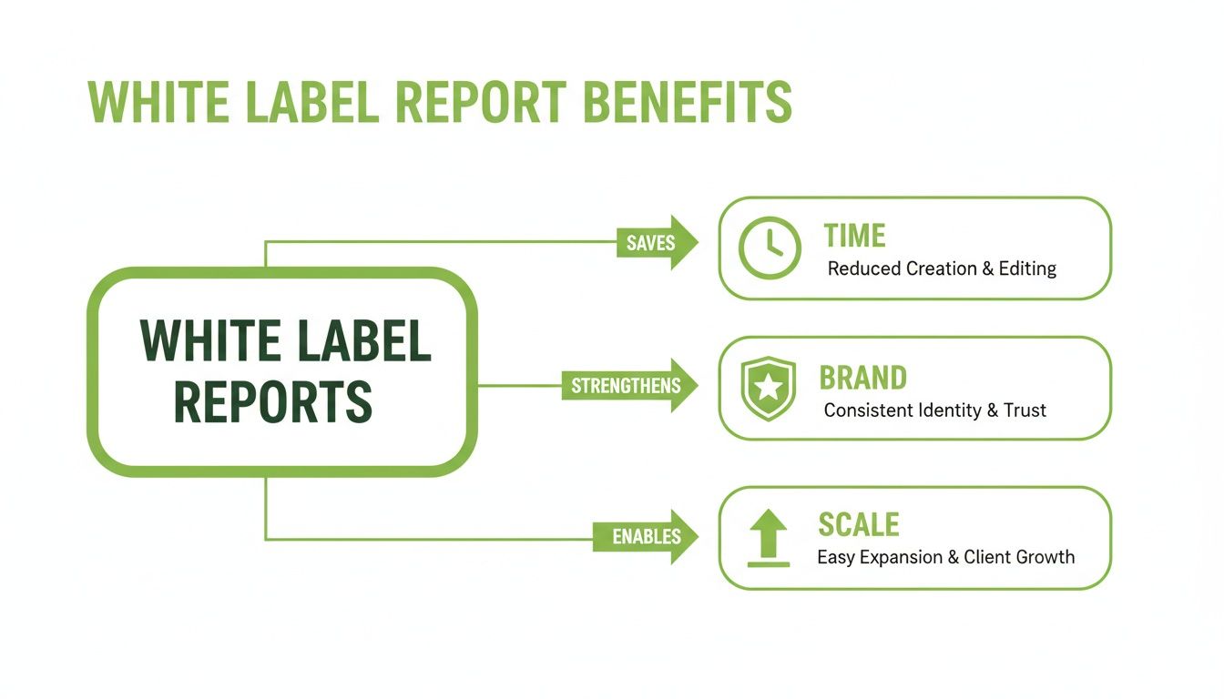 Infographic illustrating white label report benefits: saves time, strengthens brand, and enables scale.