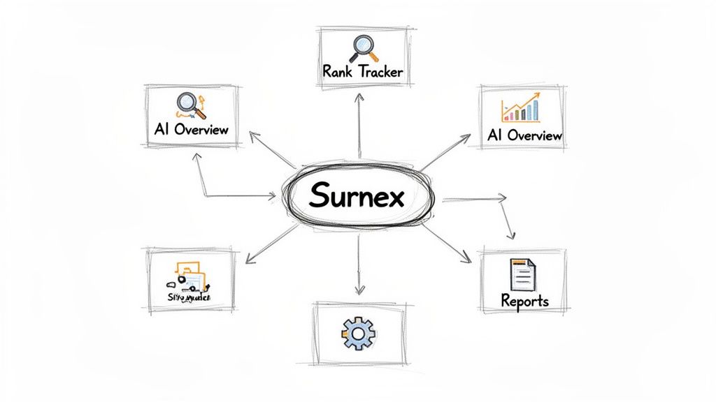 Diagram illustrating the Surnex platform's features, including Rank Tracker, AI Overview, Reports, and Site Audit.