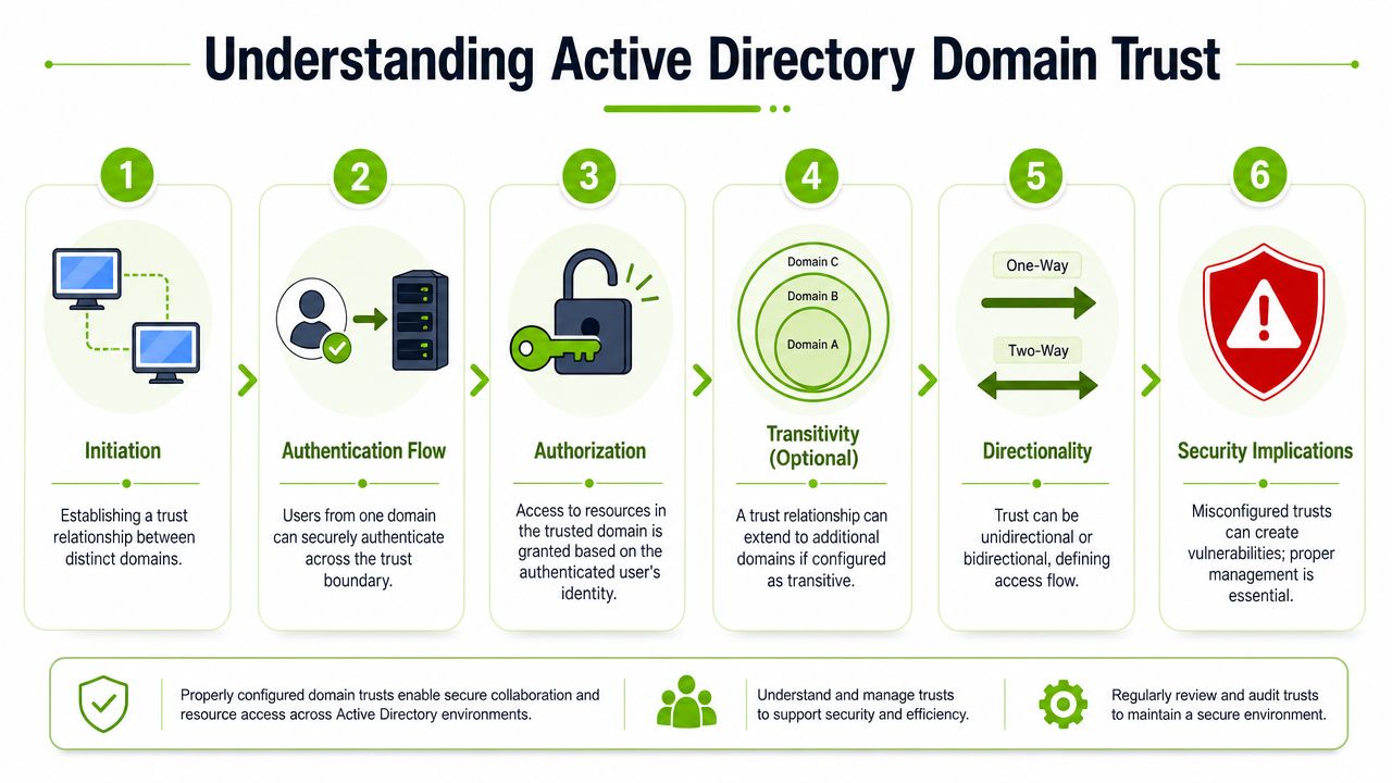A six-step infographic explaining the process and security considerations of Active Directory domain trust relationships.