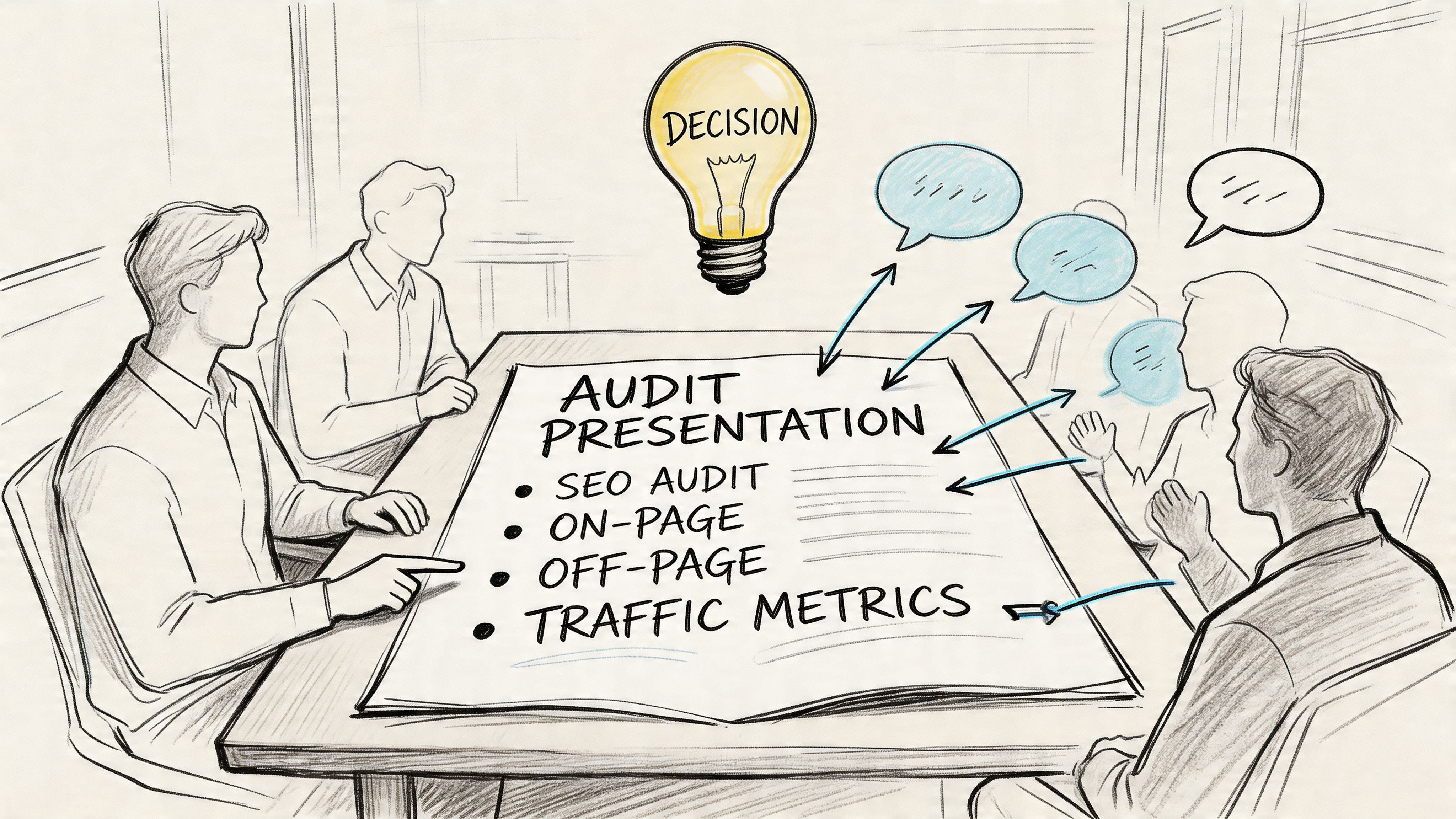 A professional team sitting around a table reviewing an SEO audit presentation in a sketch style illustration.