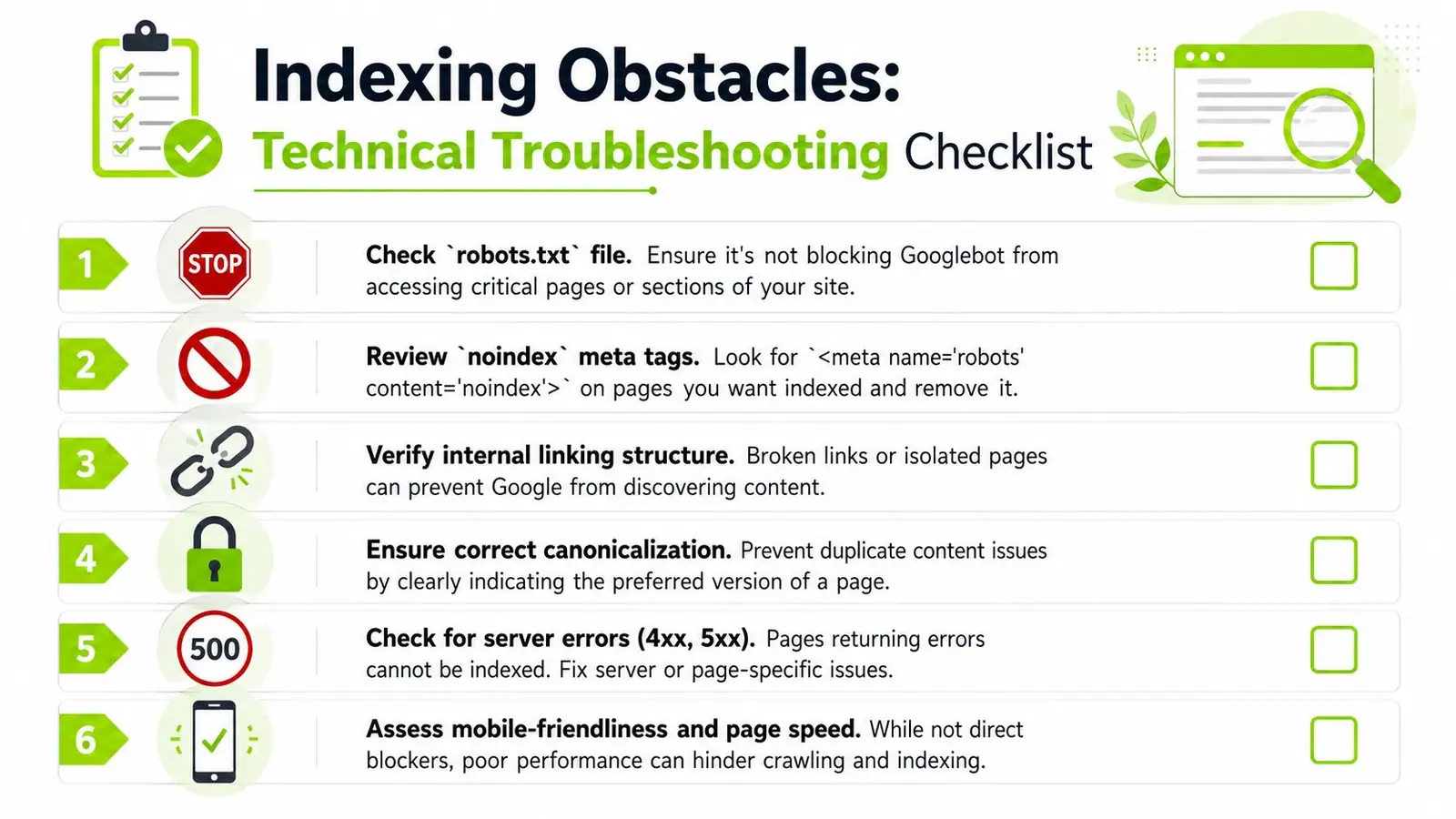 A technical SEO checklist infographic showing six critical steps for troubleshooting website indexing obstacles and common errors.