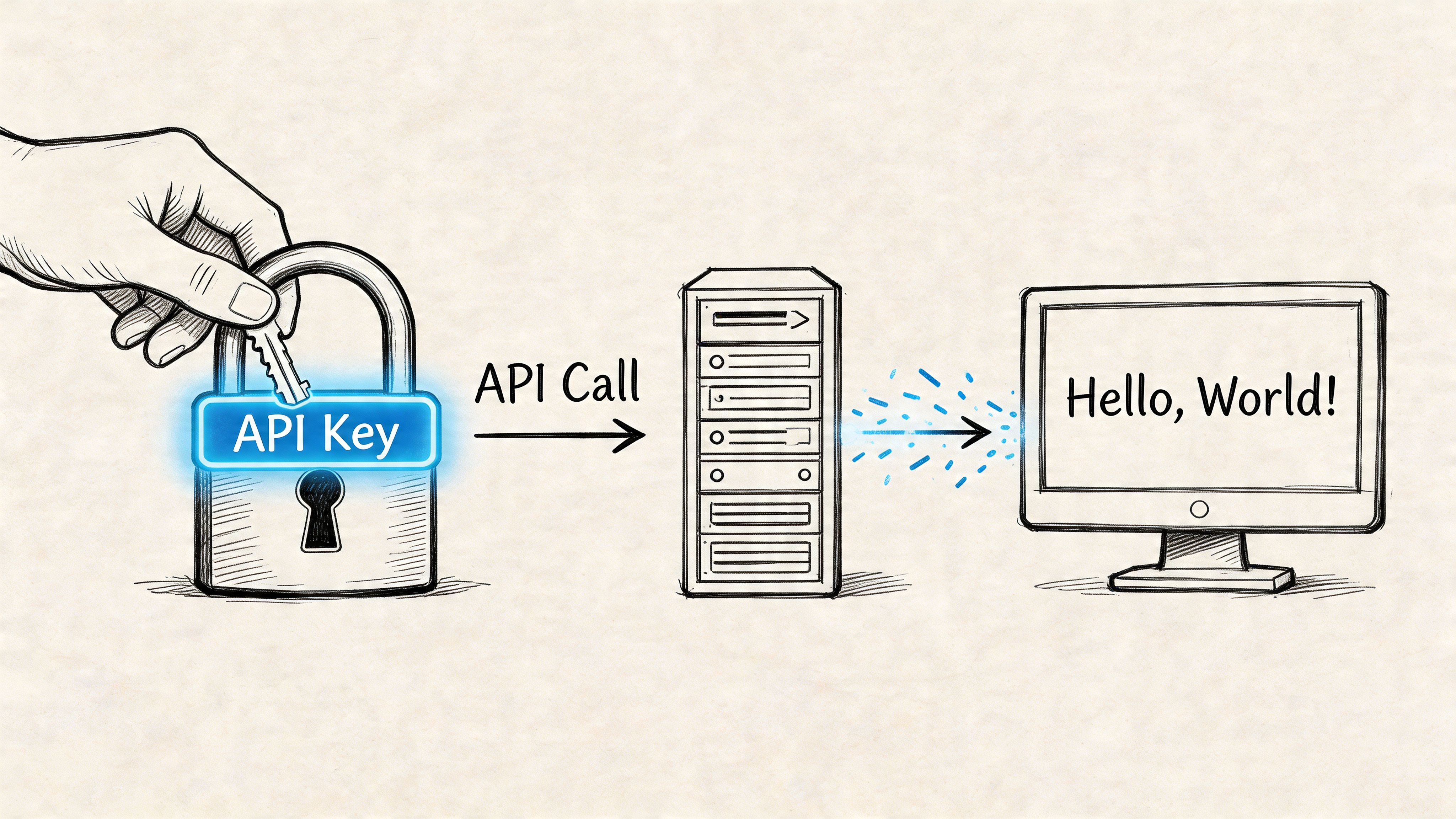 A hand inserting an API key into a padlock to trigger an API call to a server displaying Hello, World.