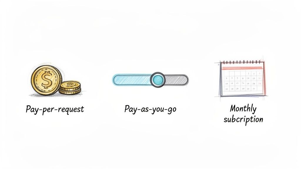 Visualizing three different pricing models: pay-per-request, pay-as-you-go, and monthly subscription options.