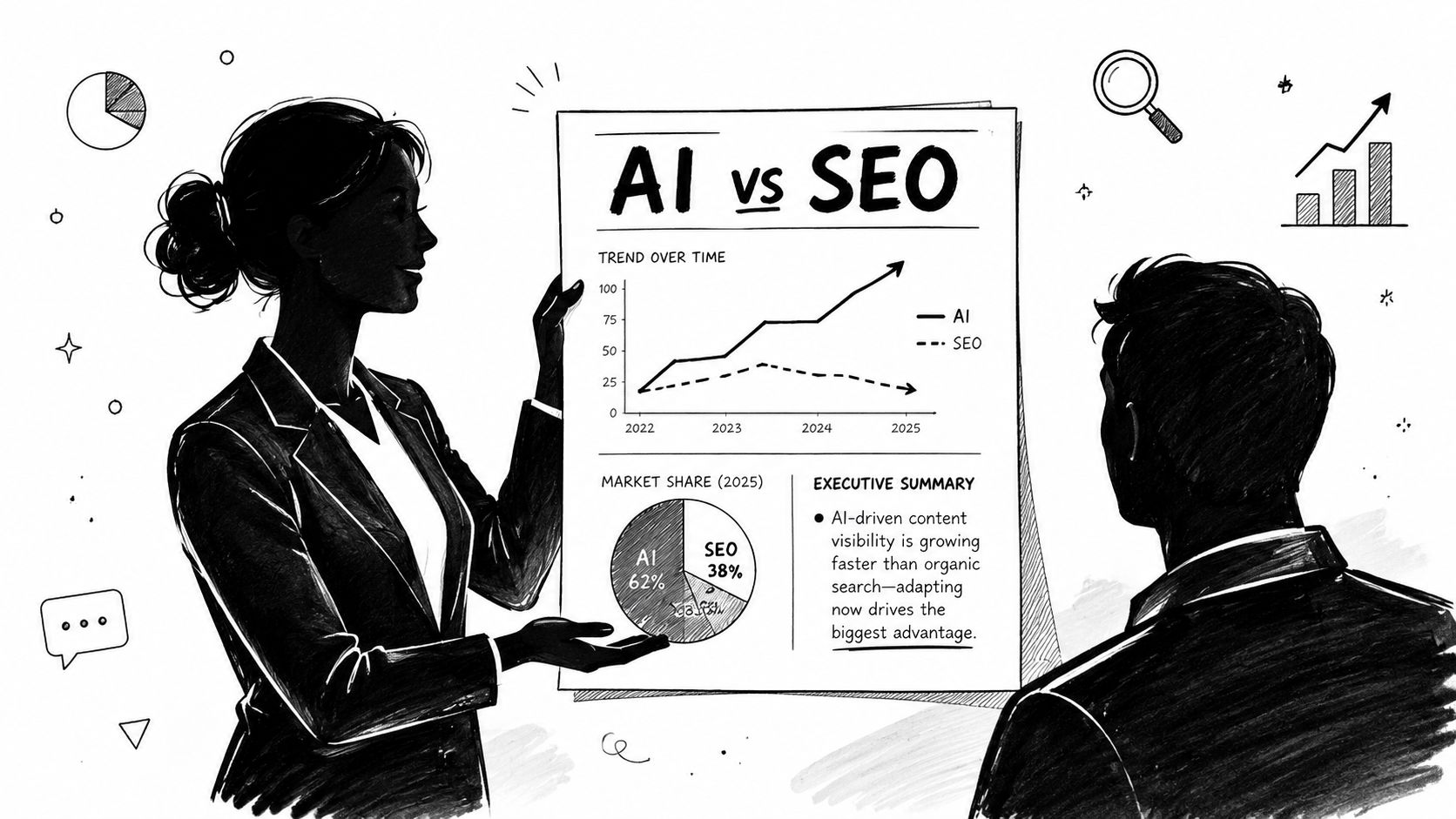 A professional woman presenting a chart comparing AI and SEO trends to a male colleague.