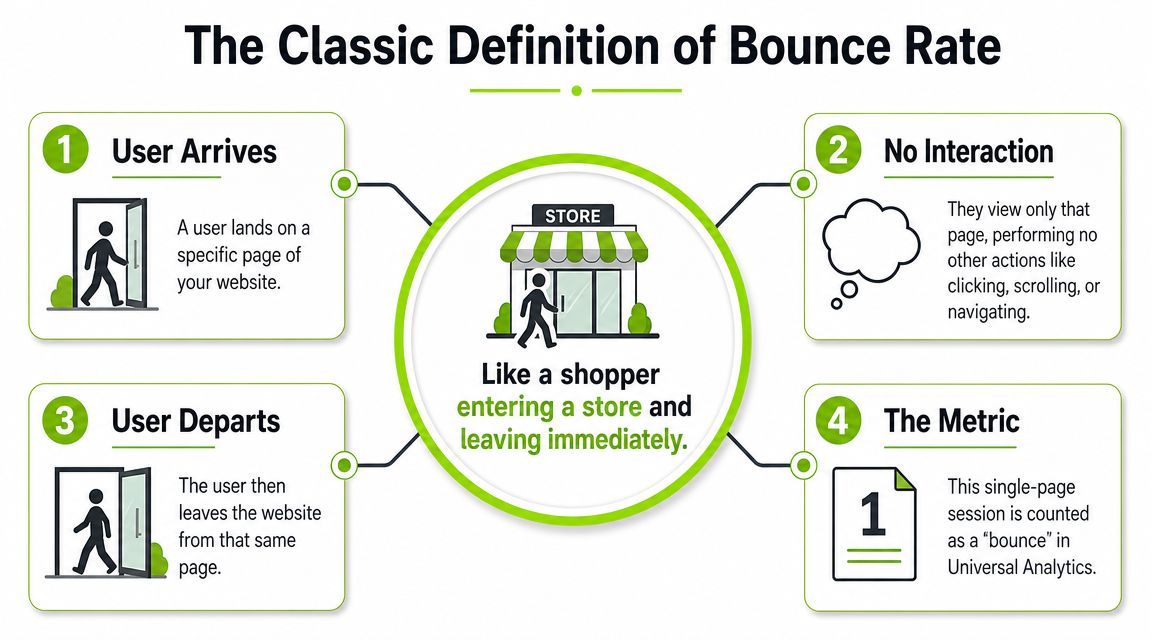 An infographic explaining the classic definition of bounce rate in Google Analytics through a simple four-step process.