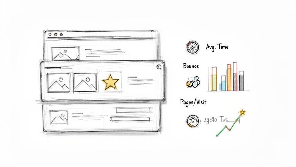 Sketch illustrating website analytics with average time, bounce rate, pages per visit, and featured content.