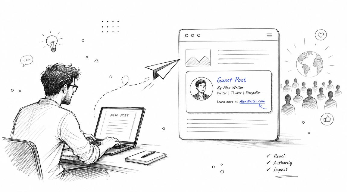 A digital illustration showing a writer creating guest posts to build authority and online reach.