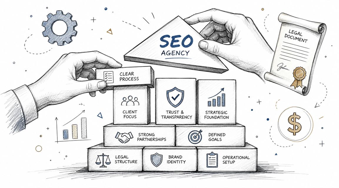A hand-drawn illustration depicting the steps to building a successful SEO agency with various structural blocks.