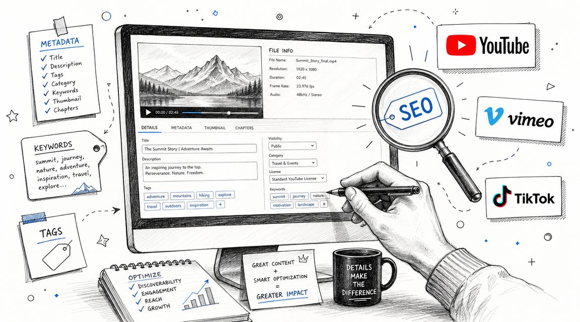 A hand optimizes video metadata on a computer screen to improve SEO visibility for various social platforms.