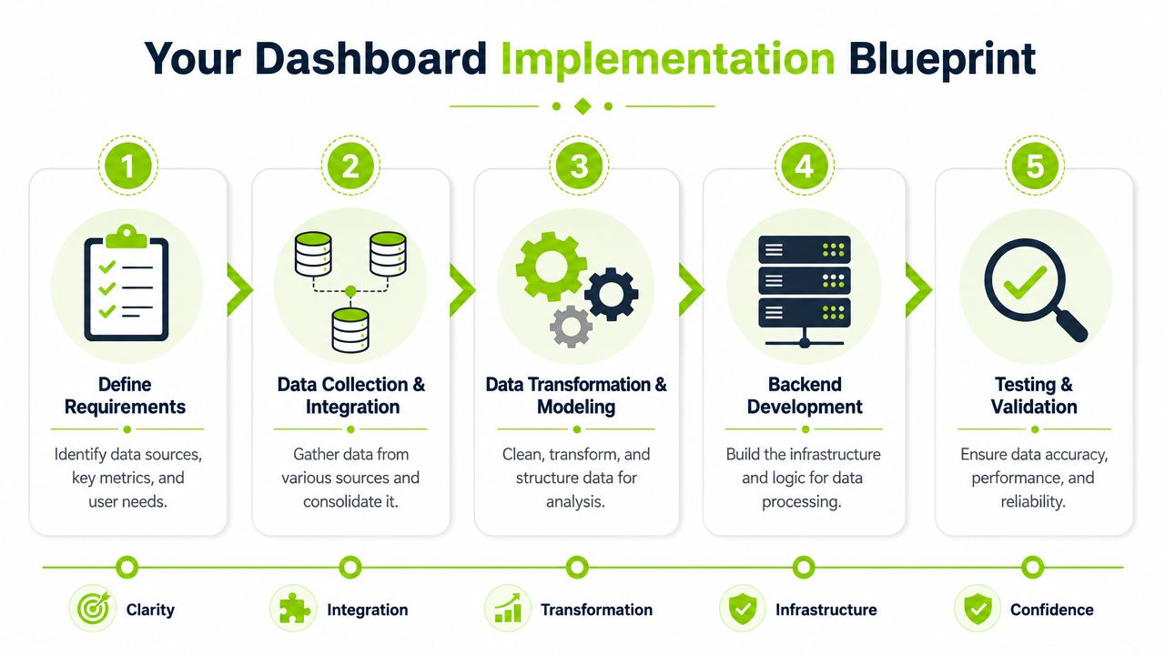 A five-step flowchart outlining the implementation process for creating a professional data analytics dashboard solution.