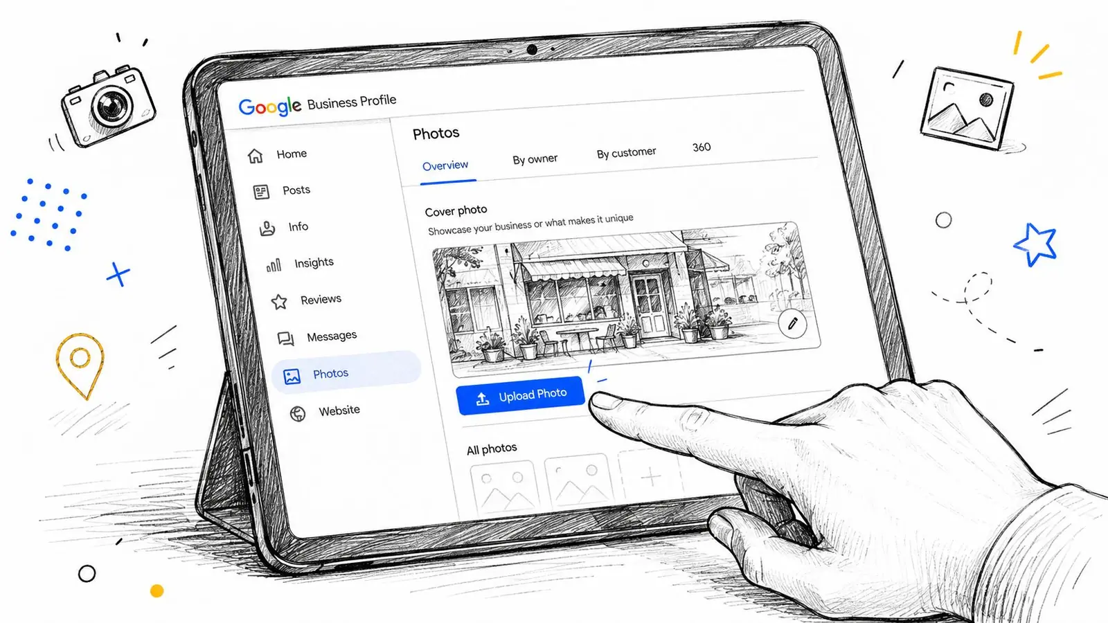 A digital sketch of a person using a tablet to upload a cover photo on Google Business Profile.