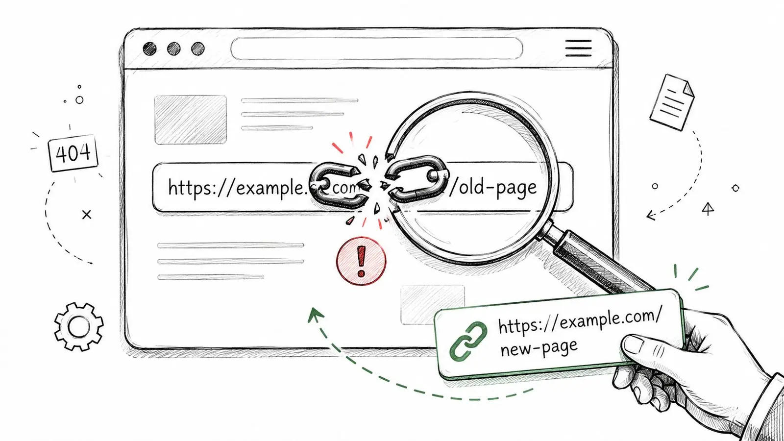 A hand holding a new URL link to fix a broken web page link illustrated in a sketch.