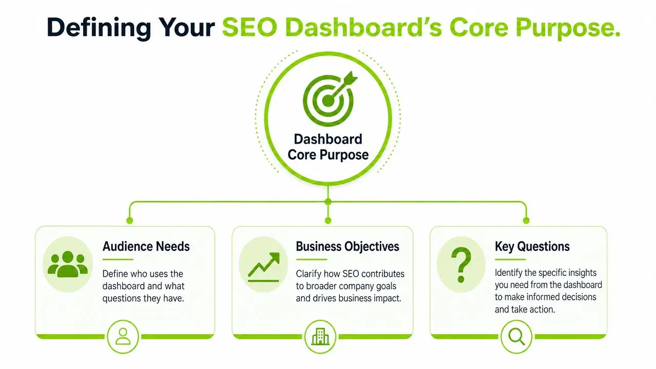 A diagram illustrating the three core pillars for defining an effective SEO reporting dashboard strategy.