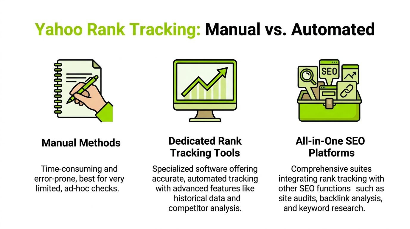 A comparison graphic showing manual methods, dedicated rank tracking tools, and all-in-one SEO platforms for tracking.