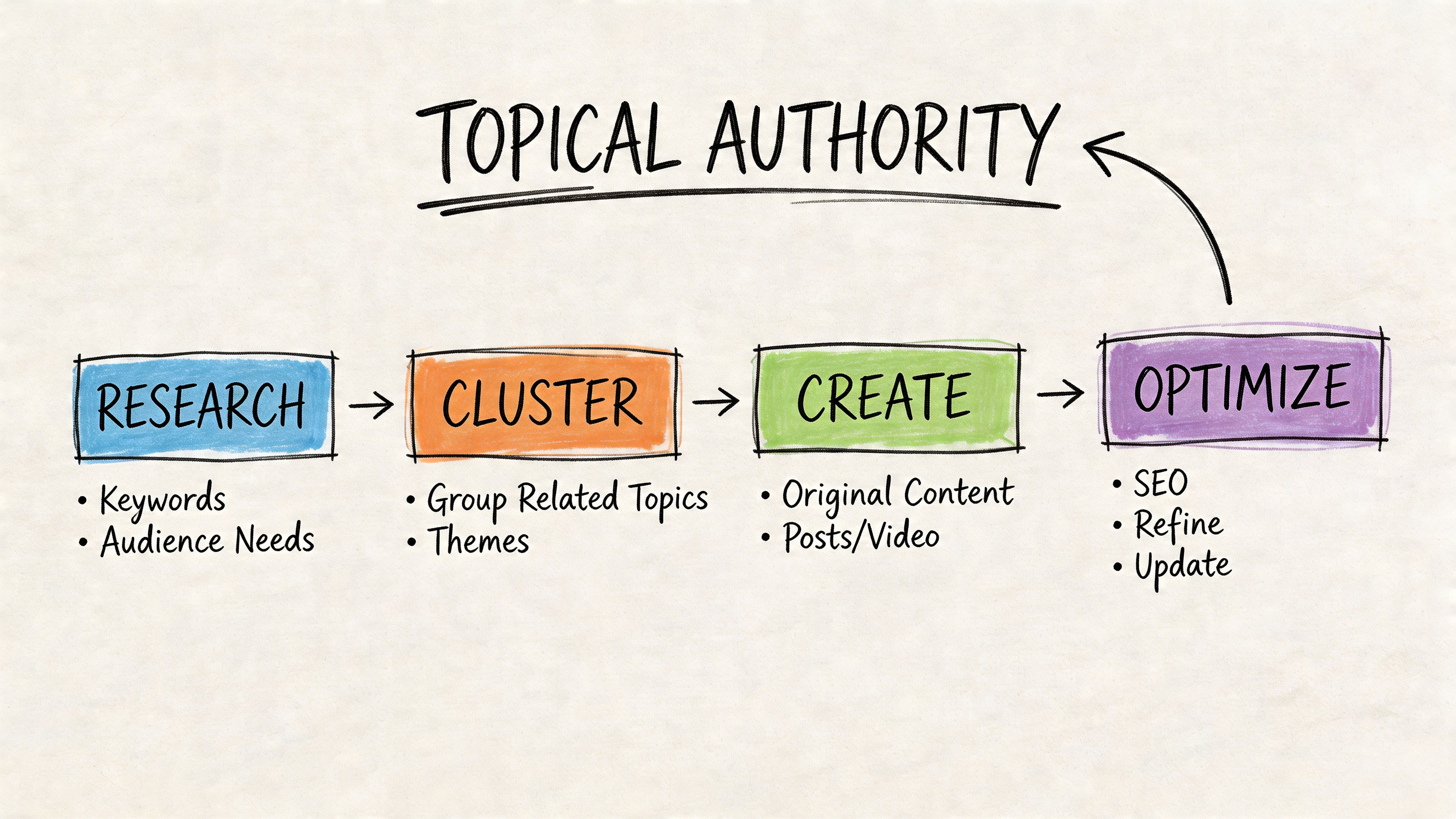A flow chart illustrating the process of building topical authority through research, clustering, content creation, and optimization.
