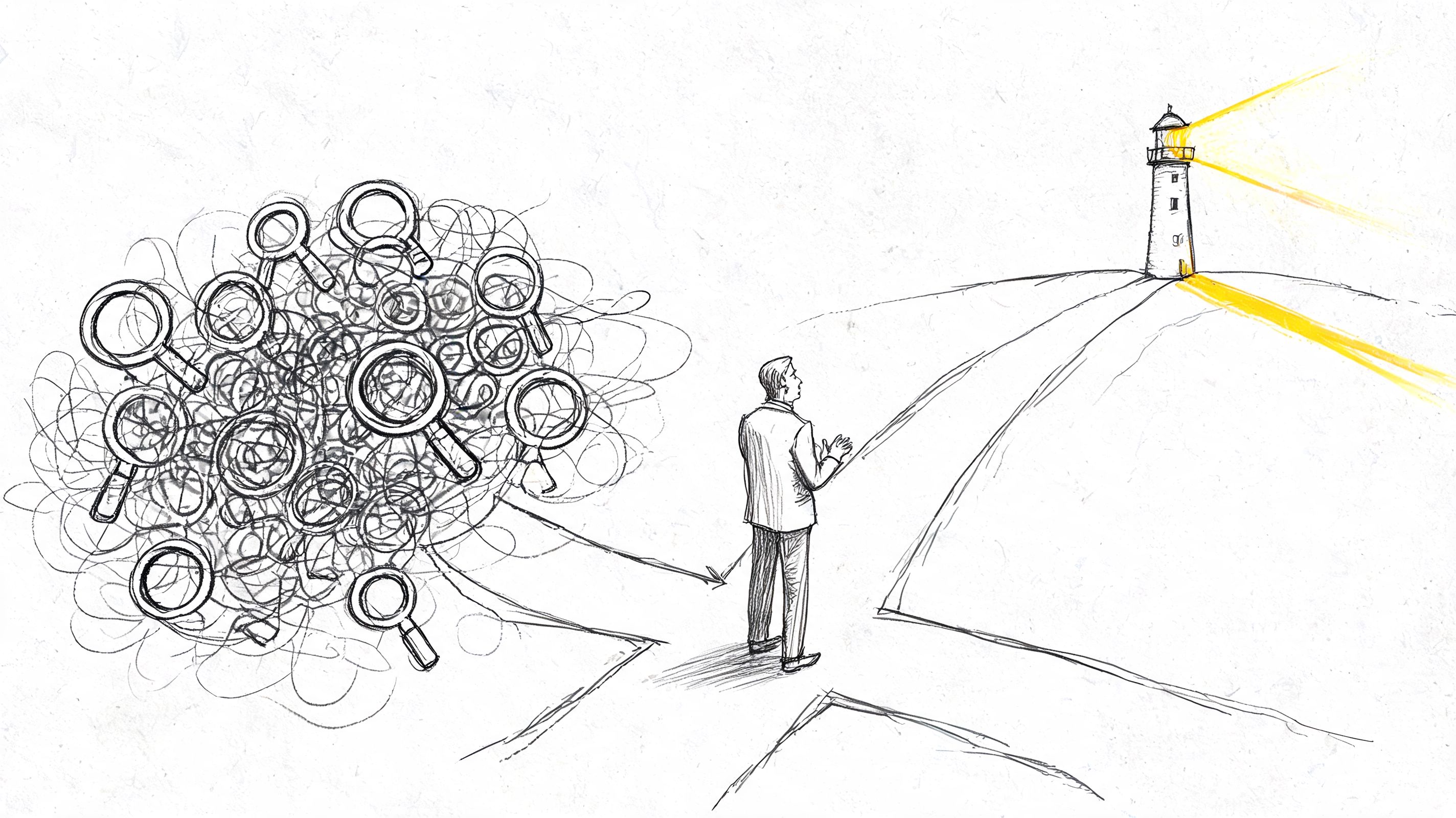 A businessman standing at a crossroads choosing between a chaotic cloud of magnifying glasses or a clear lighthouse.