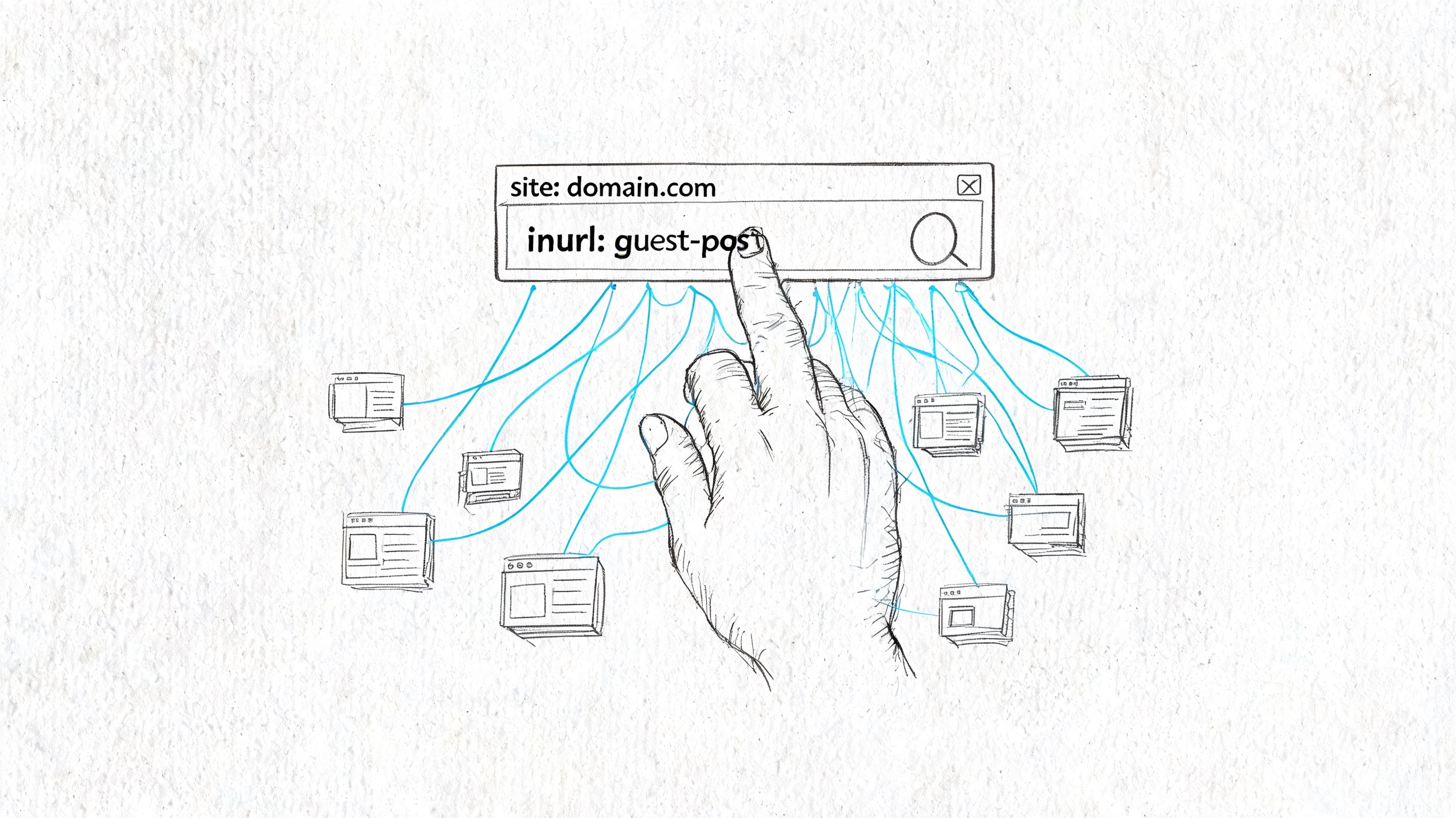 A hand selecting a search query for finding guest post opportunities on a specific domain using Google.