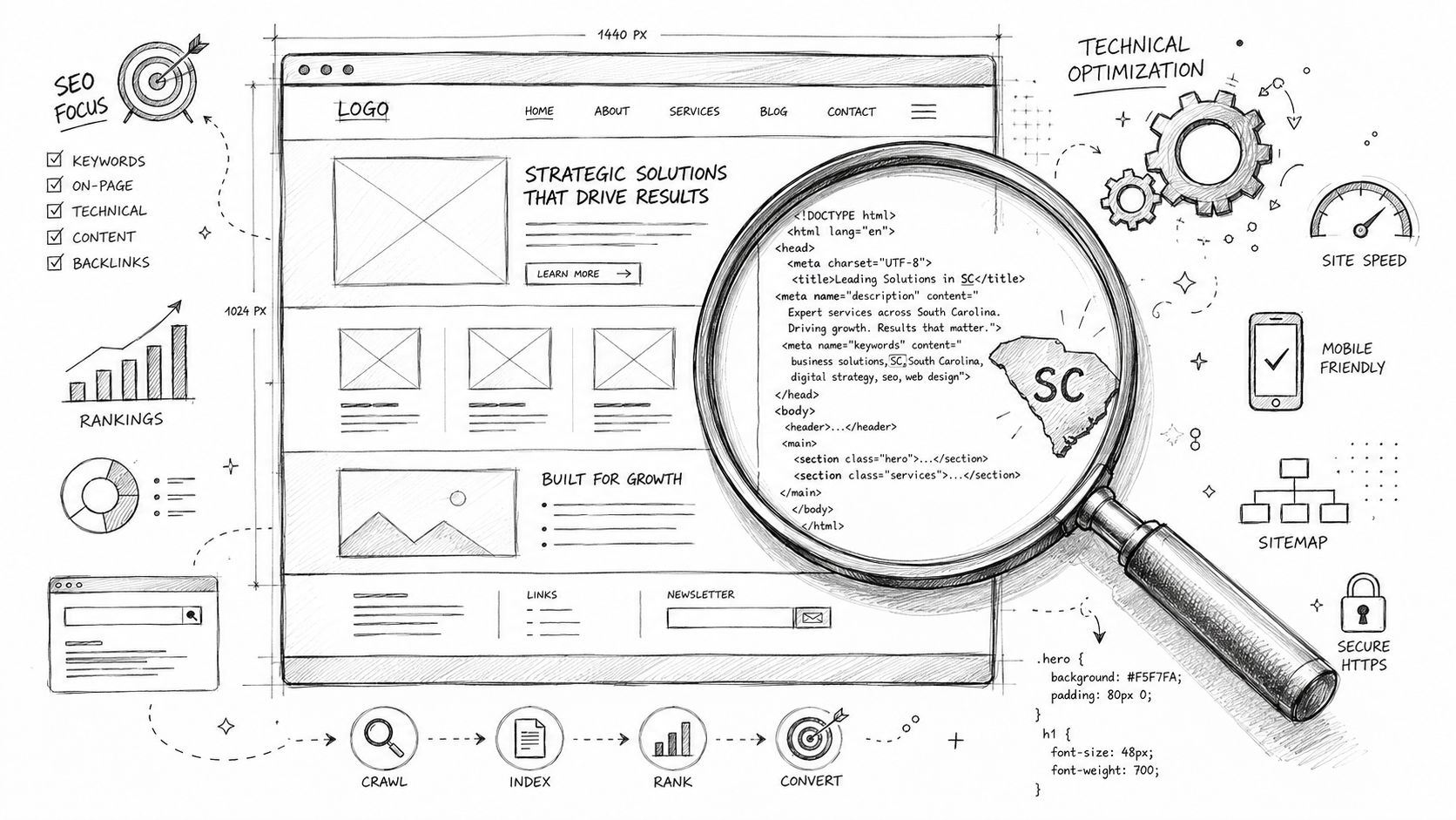 A hand-drawn illustration showing SEO strategy elements including website wireframes, magnifying glass over HTML code, and technical metrics.