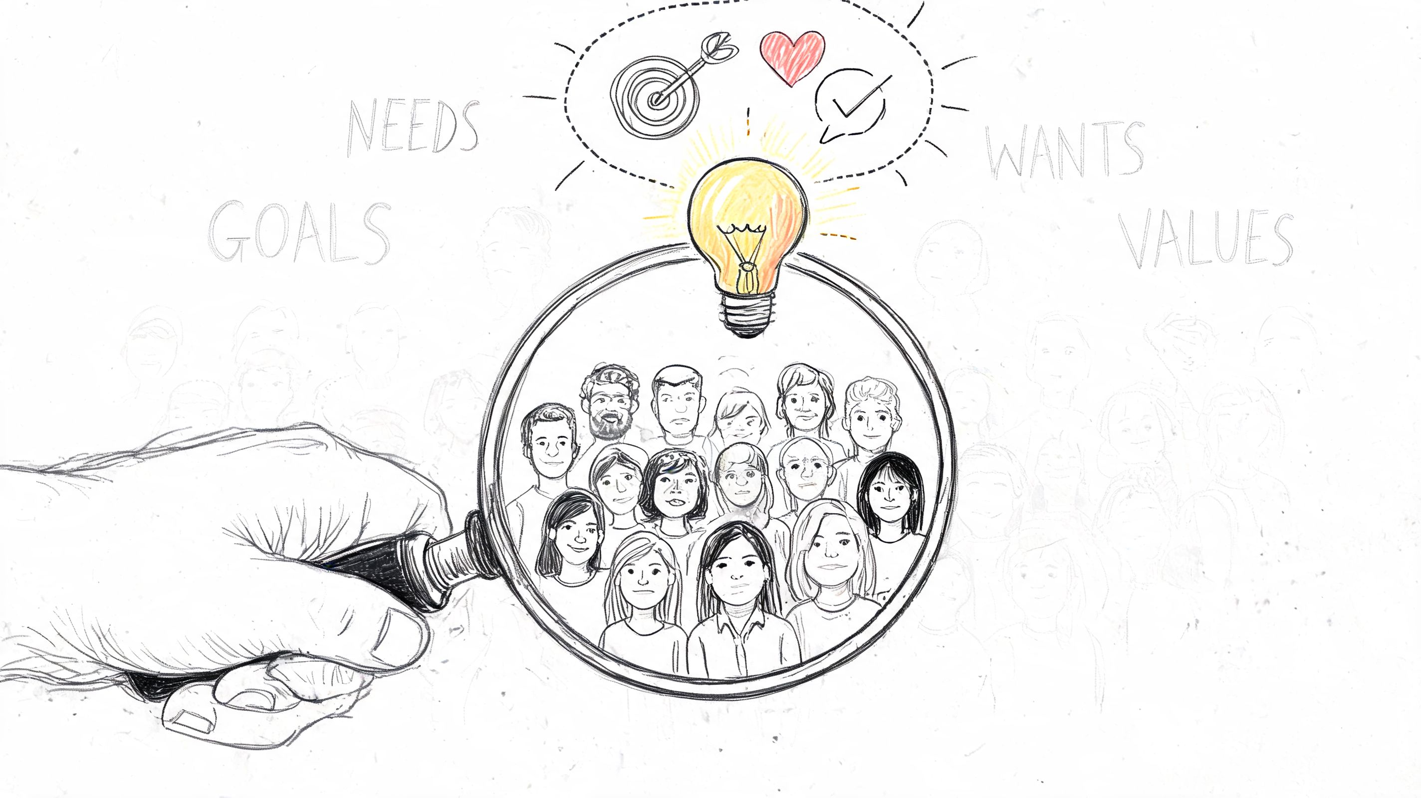 A hand holding a magnifying glass over a group of people, highlighting lightbulb, goals, and values.