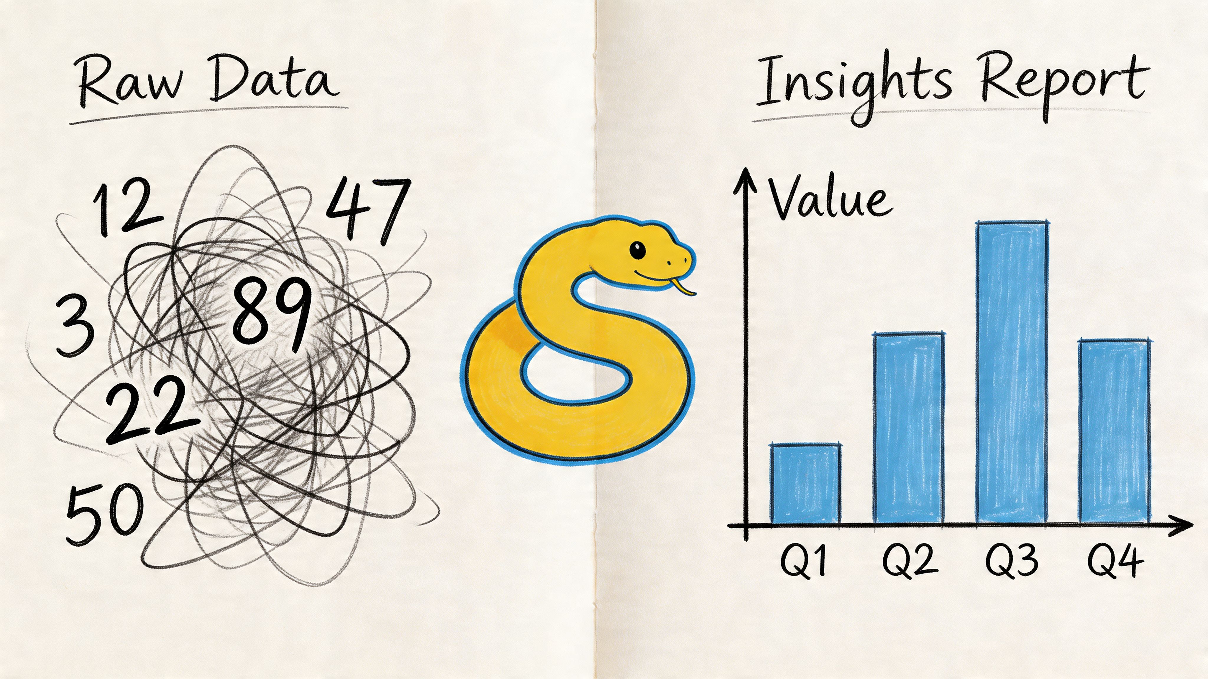 A hand-drawn illustration showing messy raw data being processed by a Python snake into an organized chart.