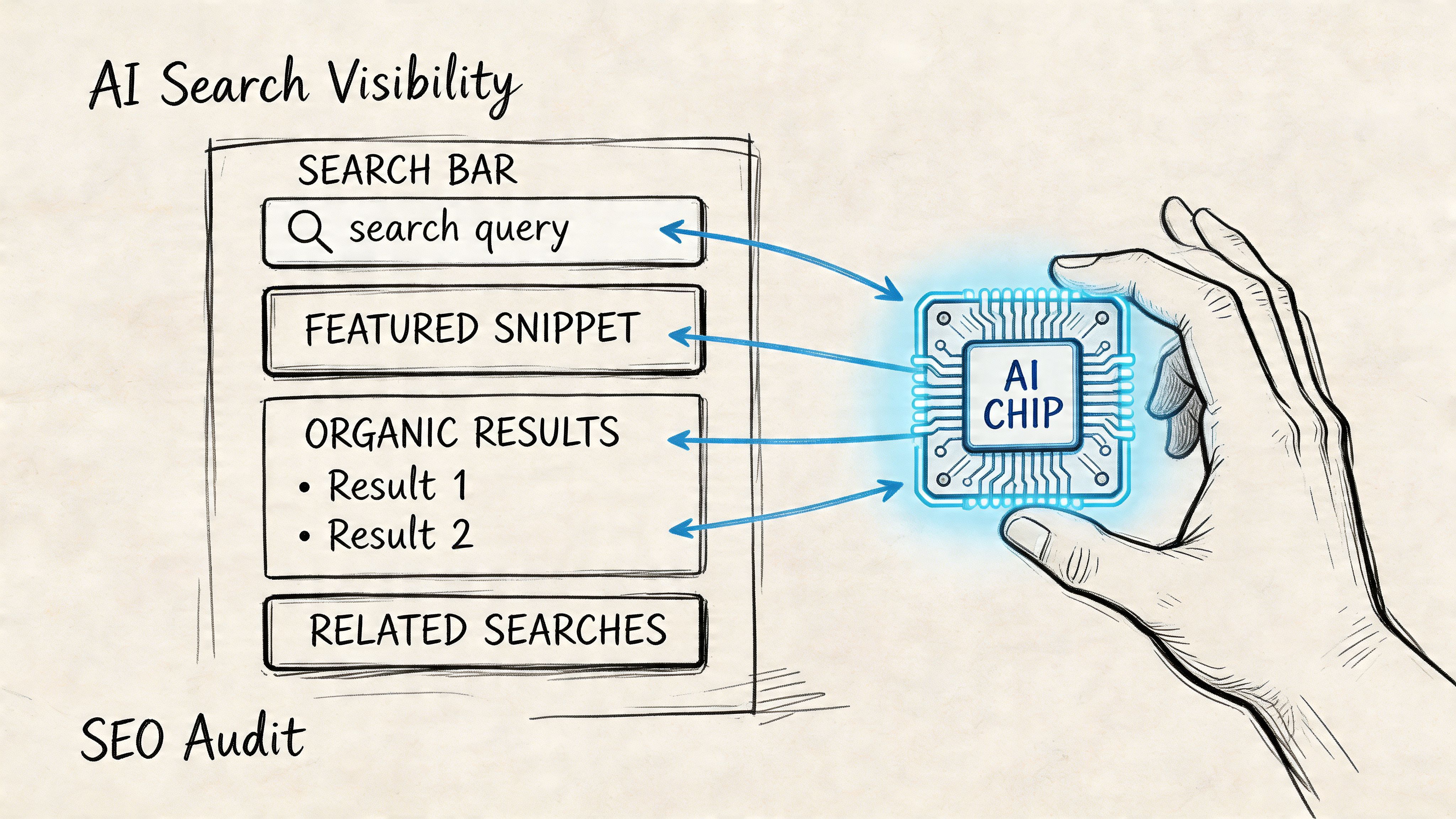 A hand holding an AI chip connected to various elements of a search engine results page layout.