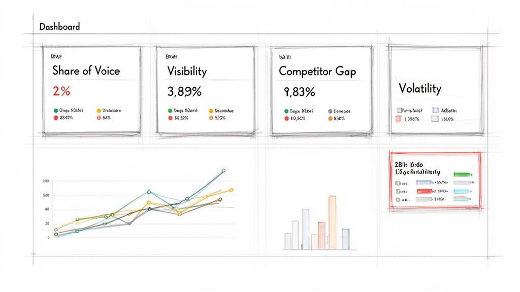 A sketched dashboard displaying key performance indicators like share of voice, visibility, and competitor gap, alongside various charts.