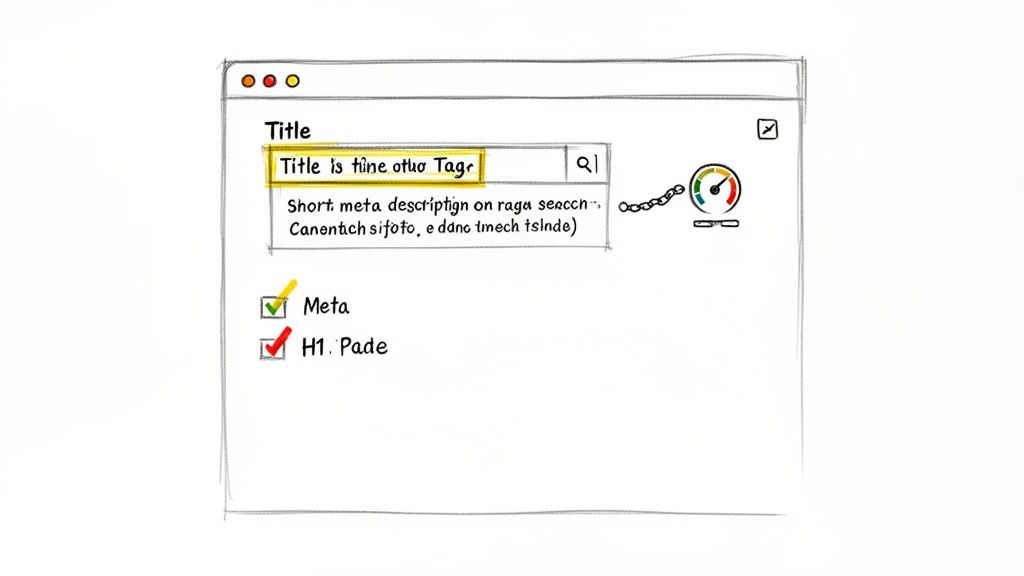 A hand-drawn sketch of a search result snippet demonstrating basic SEO optimization techniques like title and meta tags.