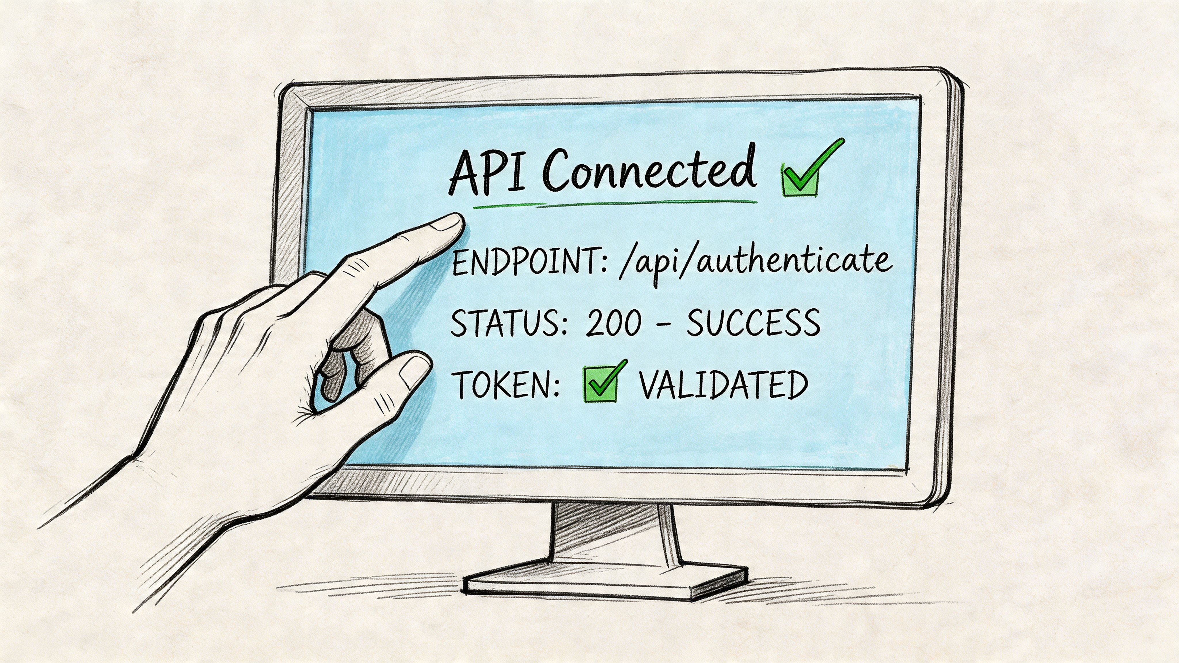 A hand pointing at a computer screen displaying successful API connection and authentication validation status.
